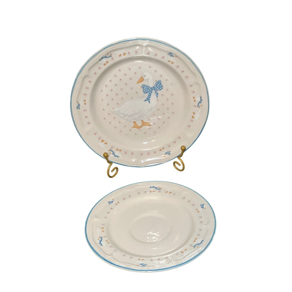 Brick Oven Stoneware Plate Saucer Set White Blue Country Goose Good Condition